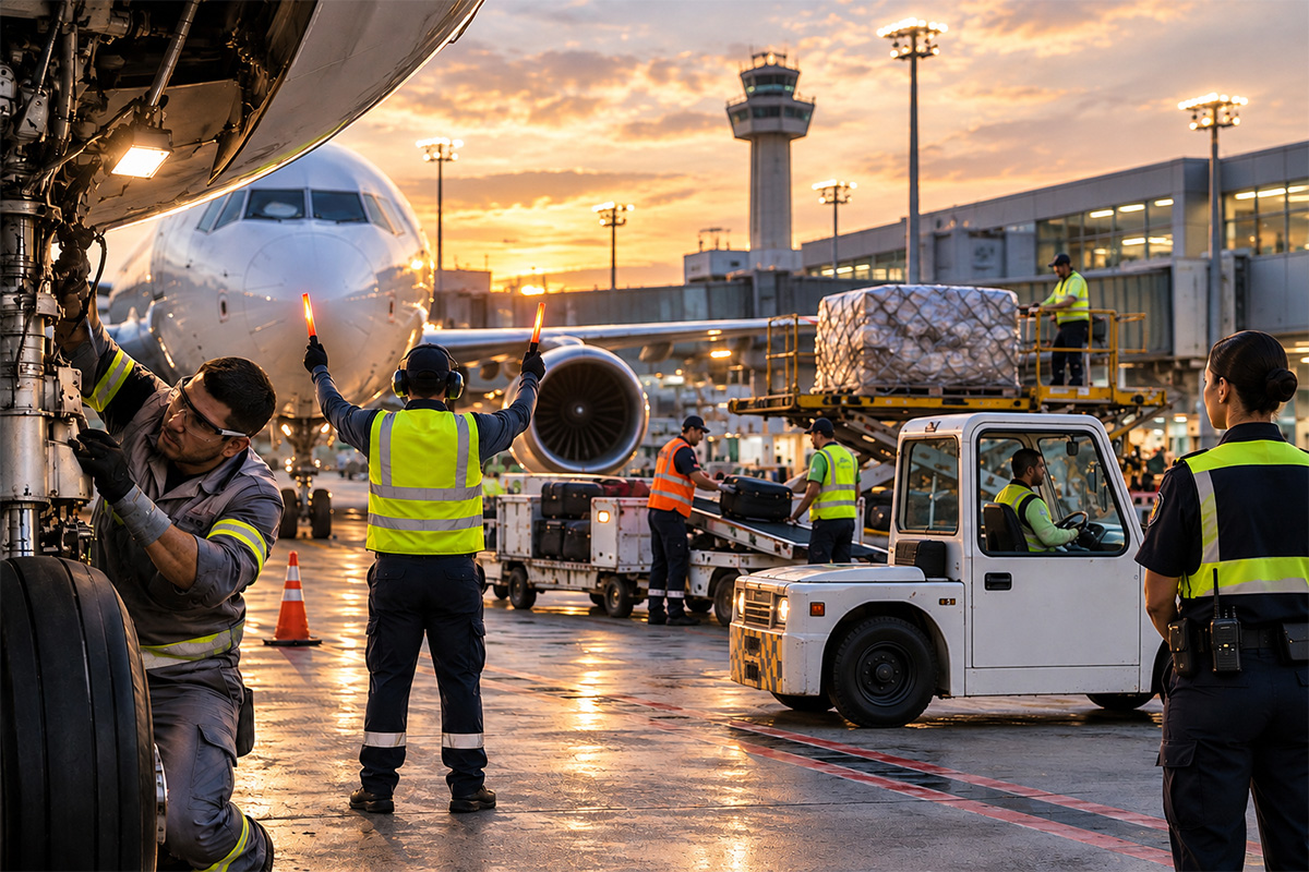 Profissionais de mecânica, pista, rampa, bagagem, cargas e segurança em operação aeroportuária