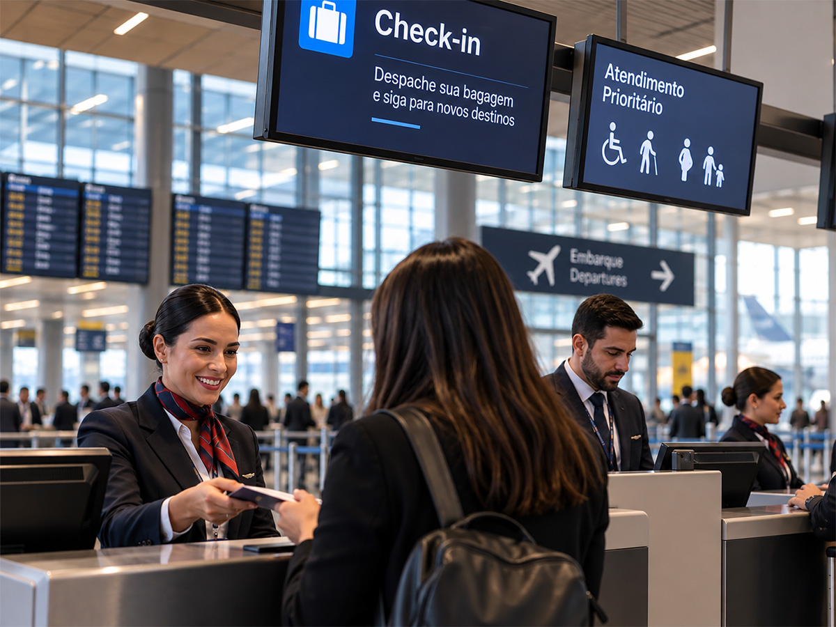 Profissionais no balcão de check-in em ambiente aeroportuário